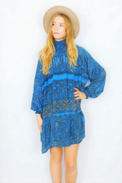 Mona Mini Dress - Vintage Indian Sari - Blue & Bronze Floral - Free Size