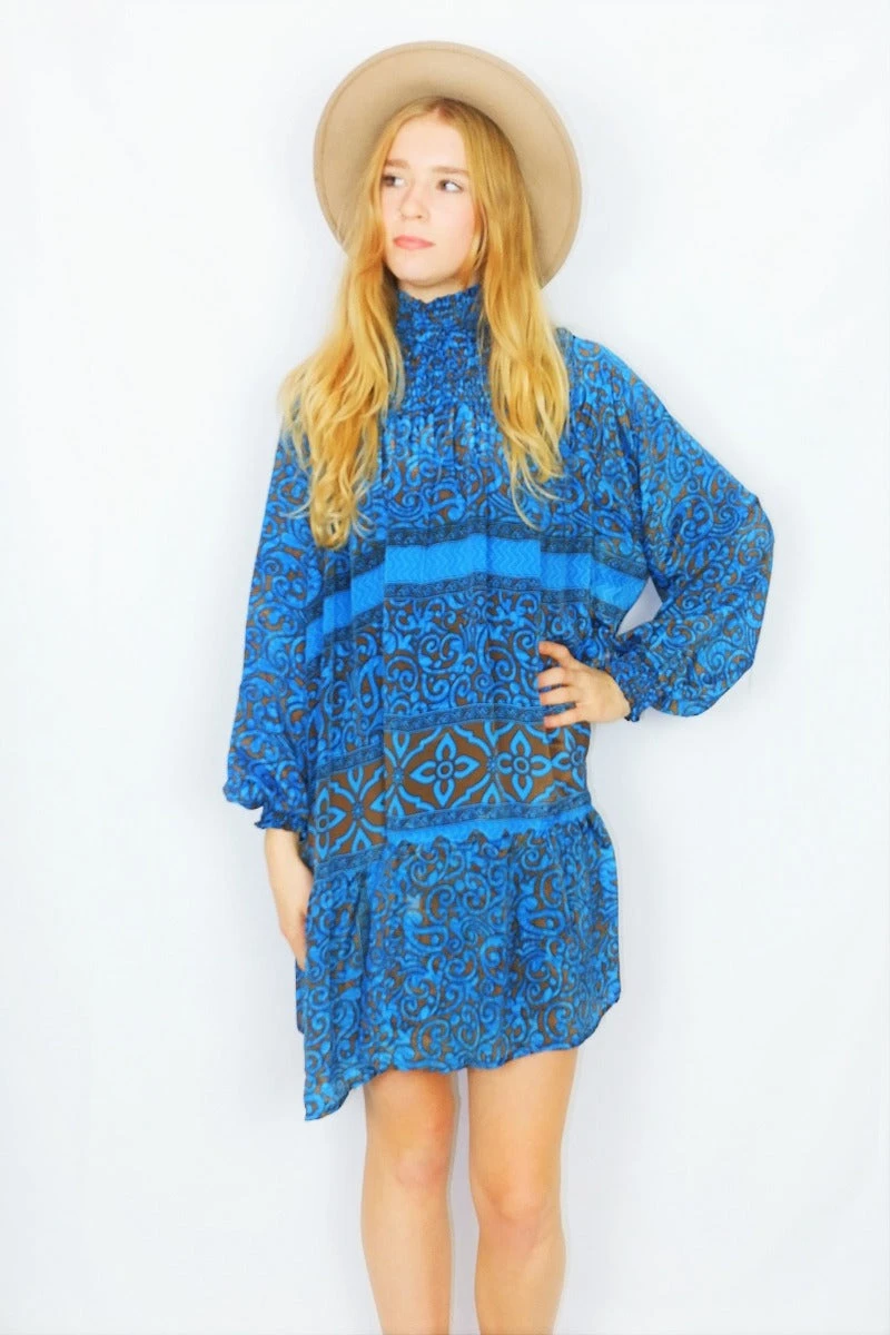 Mona Mini Dress - Vintage Indian Sari - Blue & Bronze Floral - Free Size 1 Mona Mini Dress - Vintage Indian Sari - Blue & Bronze Floral - Free Size