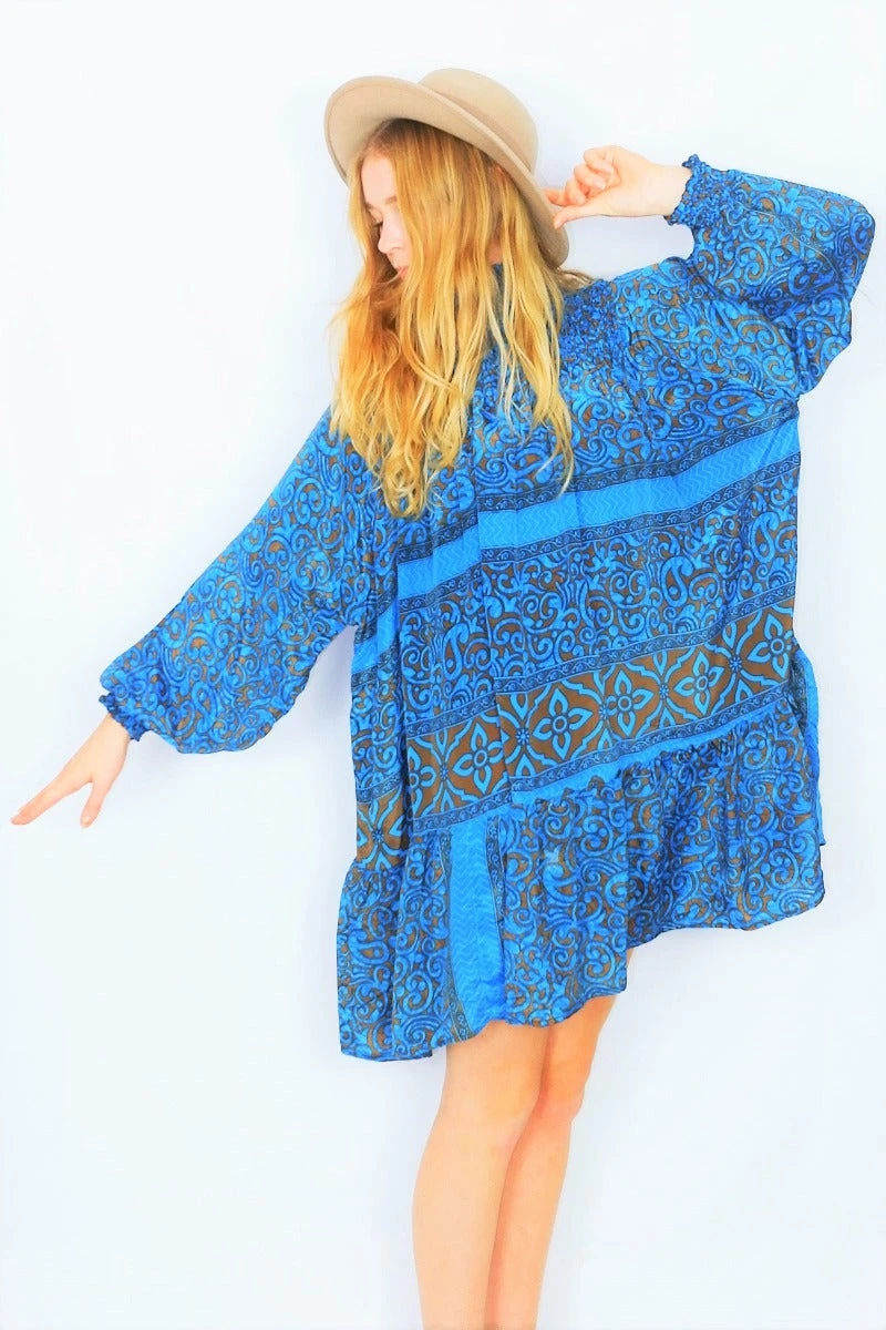 Mona Mini Dress - Vintage Indian Sari - Blue & Bronze Floral - Free Size 2 Mona Mini Dress - Vintage Indian Sari - Blue & Bronze Floral - Free Size - Image 2