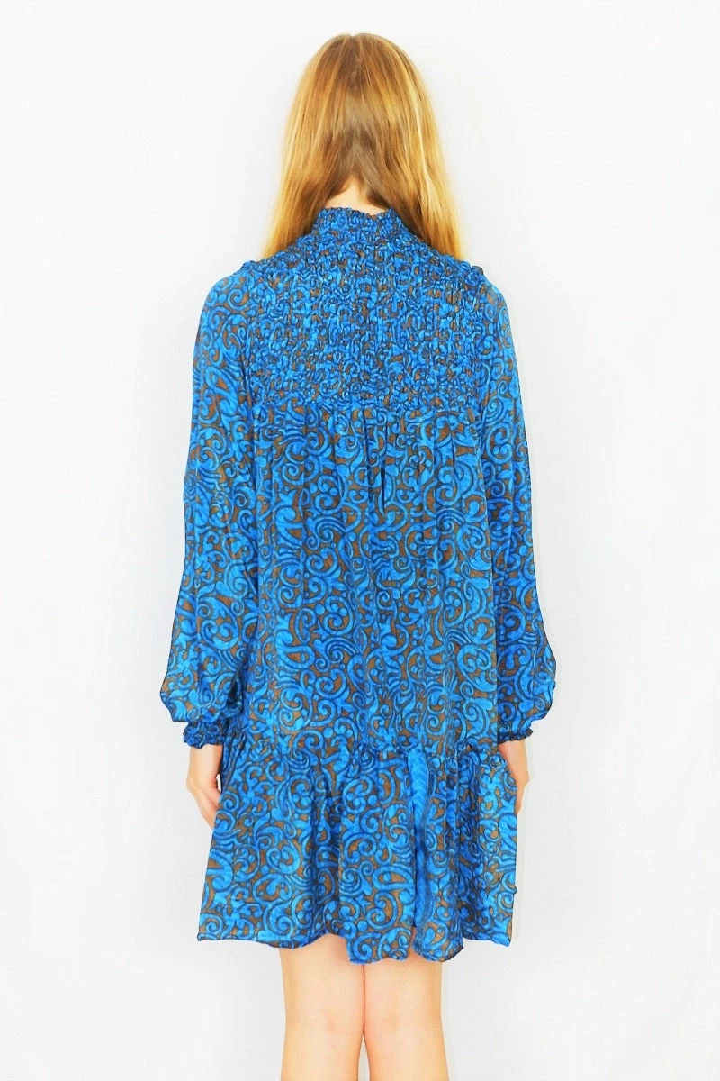 Mona Mini Dress - Vintage Indian Sari - Blue & Bronze Floral - Free Size 3 Mona Mini Dress - Vintage Indian Sari - Blue & Bronze Floral - Free Size - Image 3