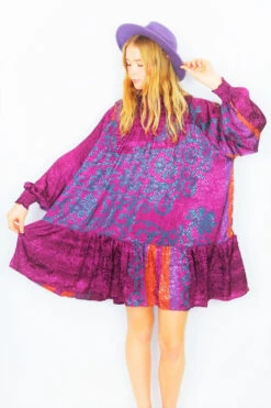 Mona Mini Dress - Vintage Indian Sari - Plum & Teal Shimmer - Free Size