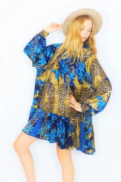 Mona Mini Dress - Vintage Indian Sari - Deep Midnight Blue Floral - Free Size