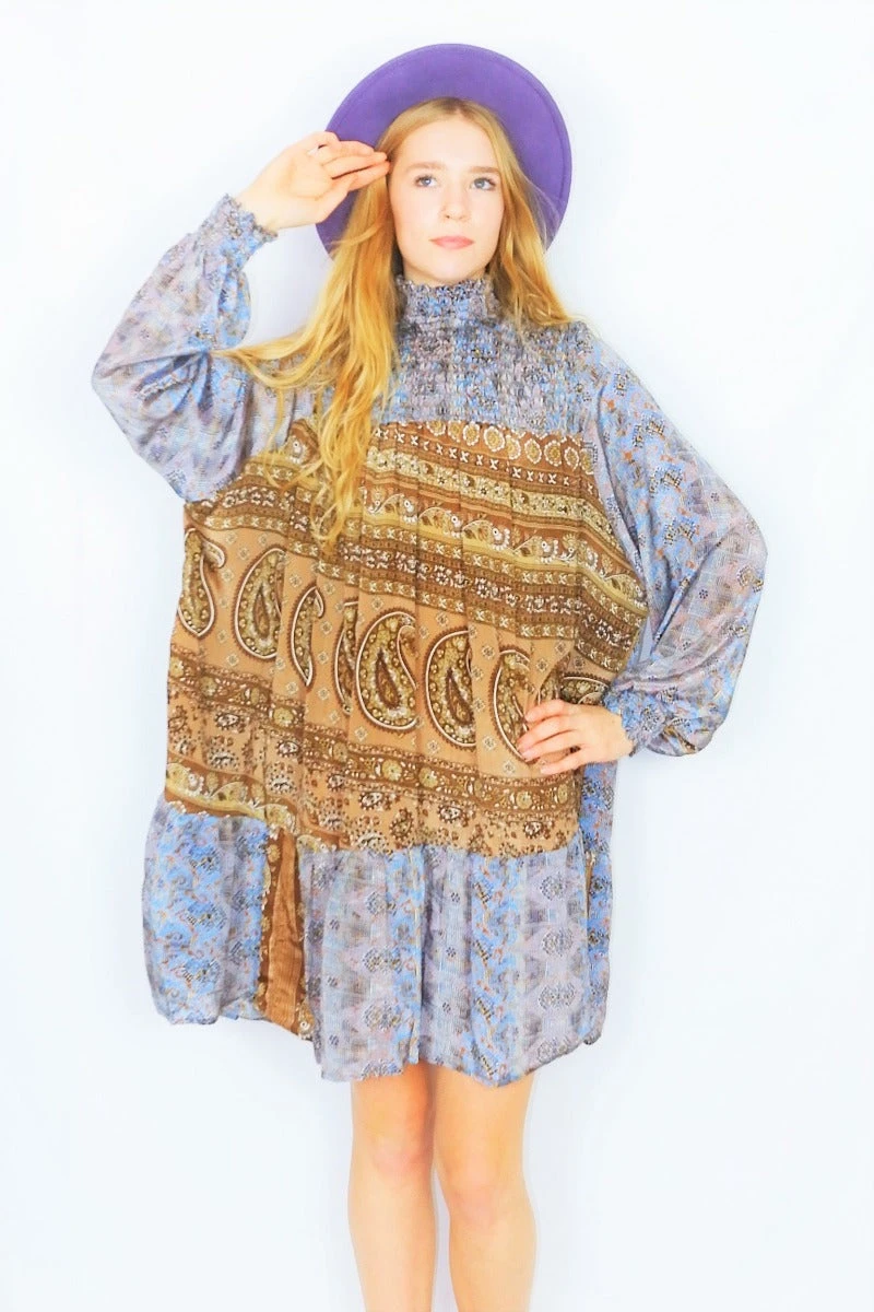Mona Mini Dress - Vintage Indian Sari - Fawn & Cornflower Paisley - Free Size 1 Mona Mini Dress - Vintage Indian Sari - Fawn & Cornflower Paisley - Free Size
