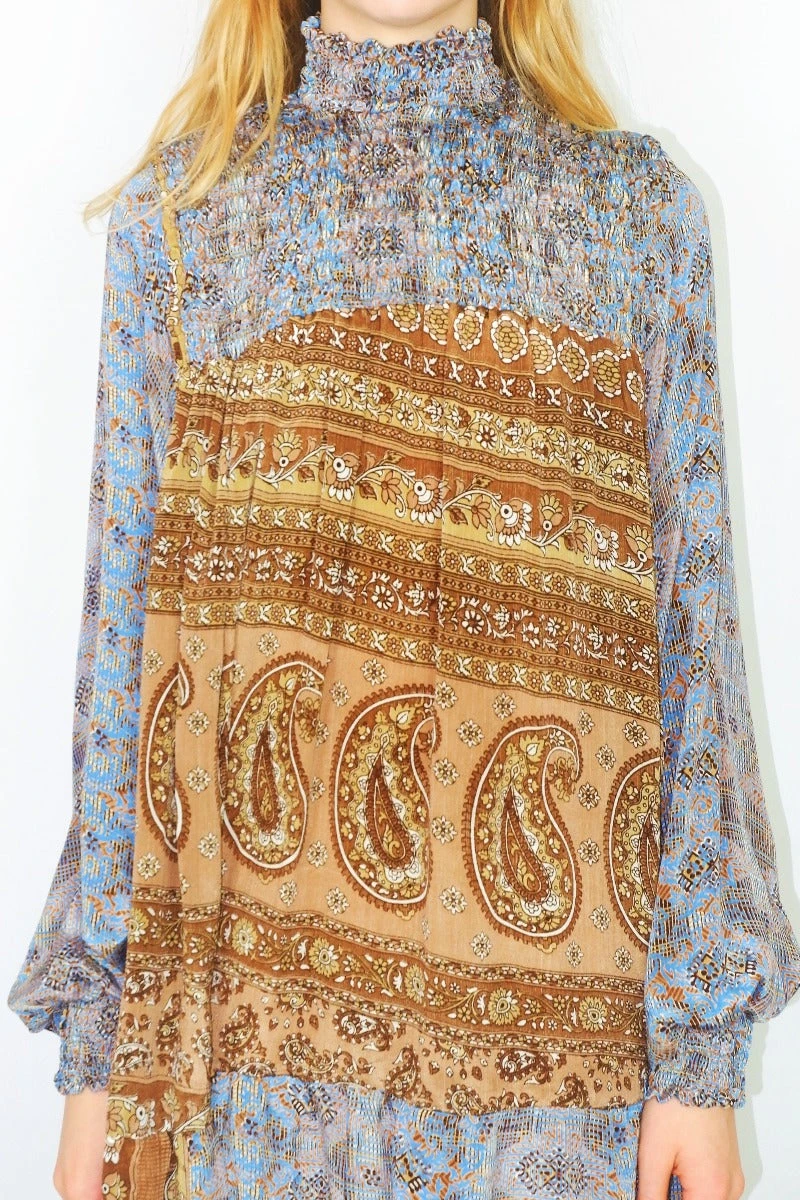 Mona Mini Dress - Vintage Indian Sari - Fawn & Cornflower Paisley - Free Size 3 Mona Mini Dress - Vintage Indian Sari - Fawn & Cornflower Paisley - Free Size - Image 3