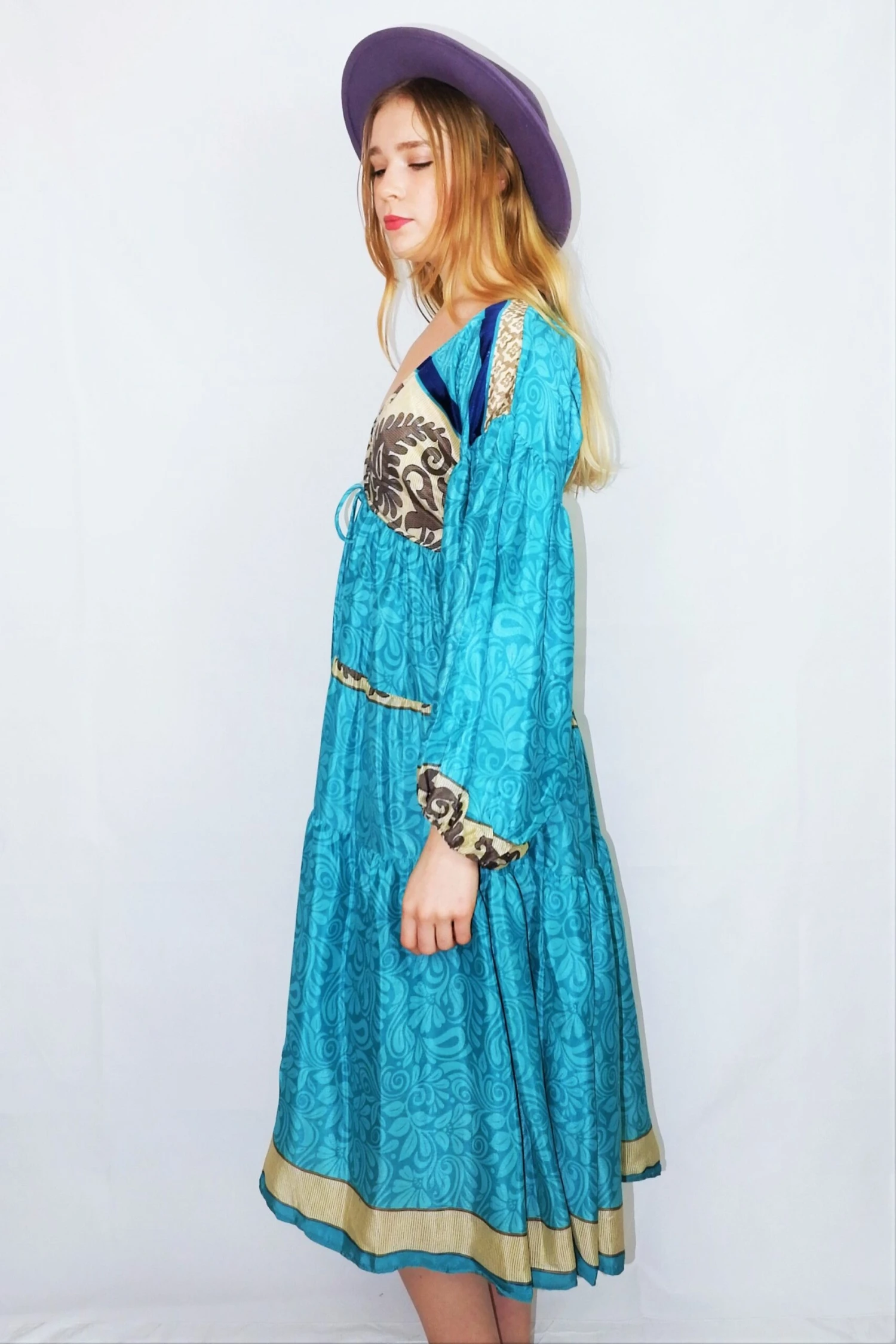 Gypsophila Midi Dress - Vintage Indian Sari - Aqua Blue & Blonde Floral Paisley - Free Size 2 Gypsophila Midi Dress - Vintage Indian Sari - Aqua Blue & Blonde Floral Paisley - Free Size - Image 2