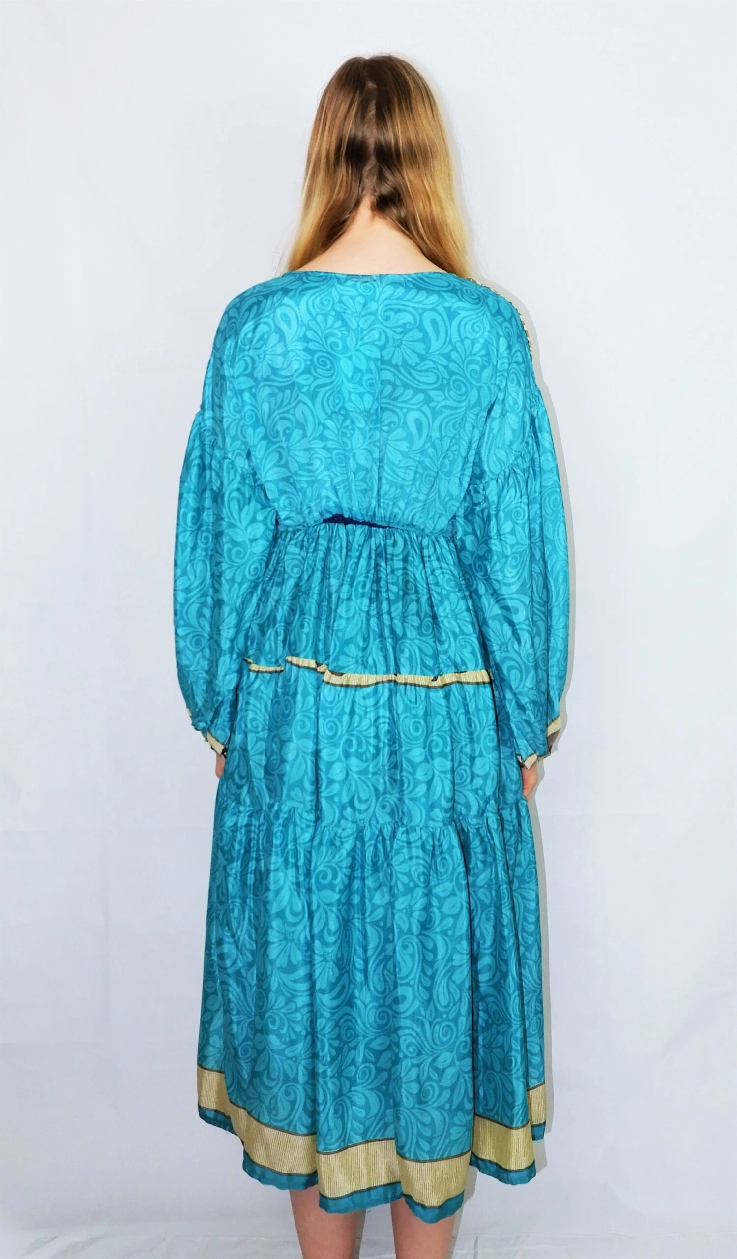 Gypsophila Midi Dress - Vintage Indian Sari - Aqua Blue & Blonde Floral Paisley - Free Size 3 Gypsophila Midi Dress - Vintage Indian Sari - Aqua Blue & Blonde Floral Paisley - Free Size - Image 3