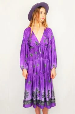 Gypsophila Midi Dress - Vintage Indian Sari - Lavender Purple Ombre - Free Size