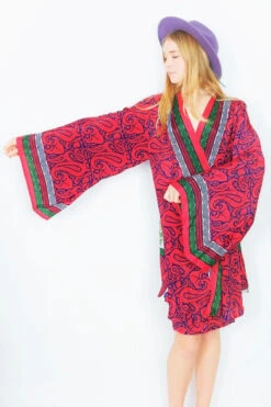 Karina Kimono Mini Dress - Vintage Indian Sari - Dark Coral, Navy & Lime Paisley - Free Size M/L