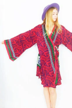 Karina Kimono Mini Dress - Vintage Indian Sari - Dark Coral, Navy & Lime Paisley - Free Size M/L -KIKIS Clothing Shop DSCF9203