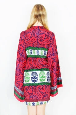 Karina Kimono Mini Dress - Vintage Indian Sari - Dark Coral, Navy & Lime Paisley - Free Size M/L -KIKIS Clothing Shop DSCF9204