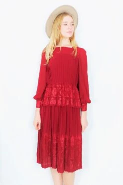 Vintage Pleated Midi Dress - Sparkly Embroidered Burgundy - Size S/M