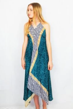Medusa Halter Dress - Vintage Indian Sari - Dark Teal & Ice Floral Paisley - M/L
