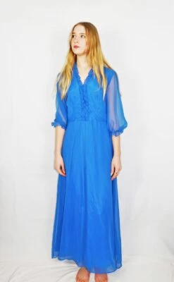 70's Vintage - Brilliant Blue Ruffle Maxi Dress - Size S