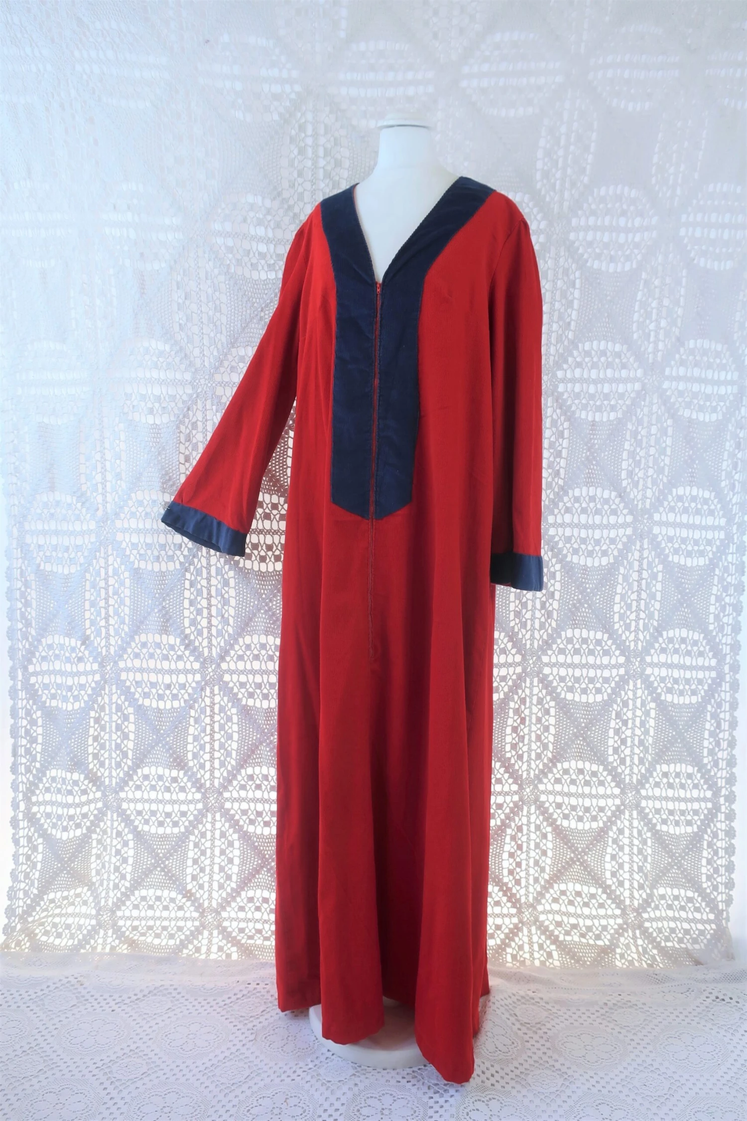 70's Vintage Dress - Corduroy Bright Red W/ Blue Trim Kaftan - Size M/L 1 70's Vintage Dress - Corduroy Bright Red W/ Blue Trim Kaftan - Size M/L