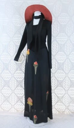Vintage Dress - Charcoal Ice Cream Cone Print Maxi - Size XS