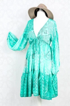 Gypsophila Mini Dress - Vintage Indian Sari - Sheer Seafoam Green - M/L