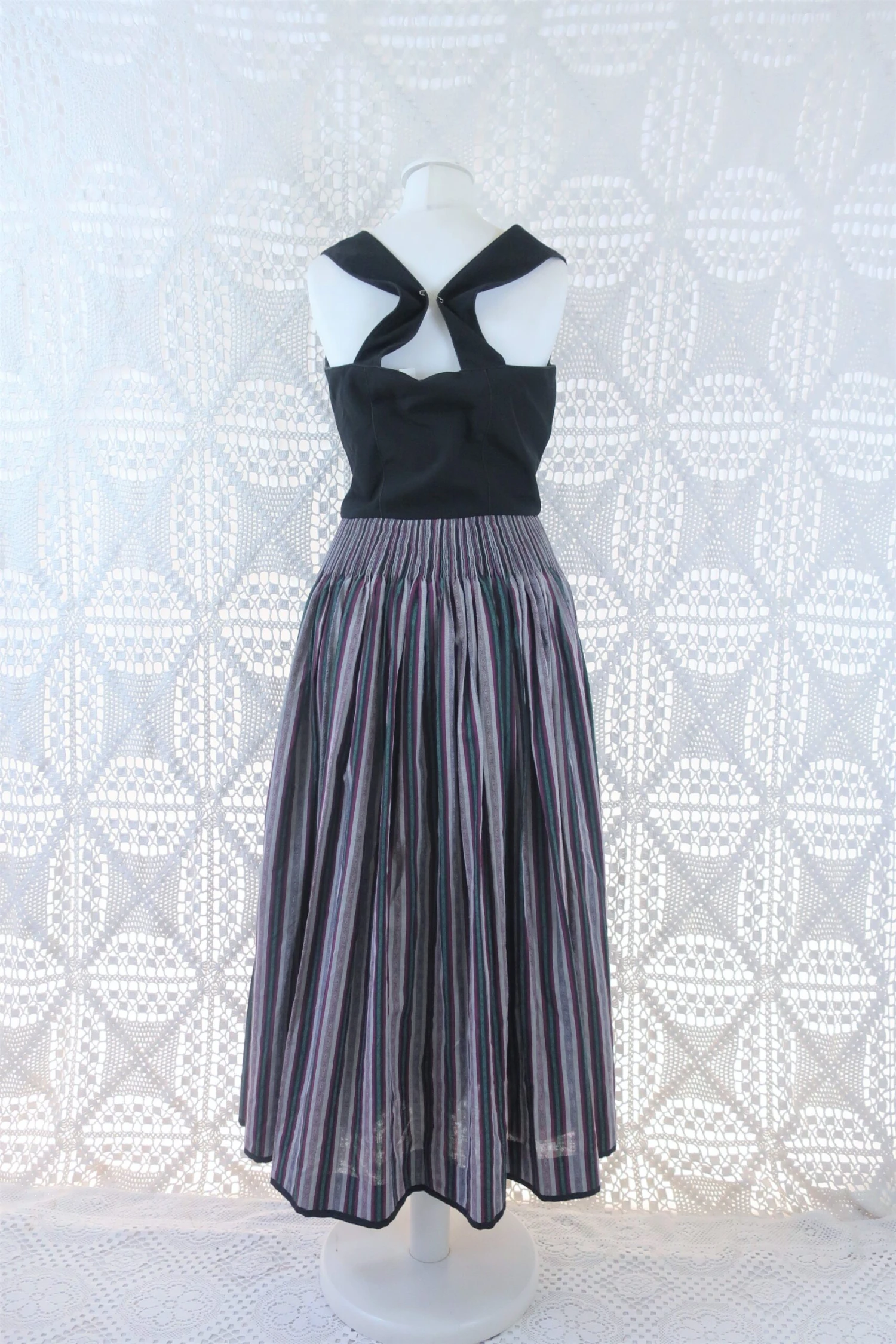 SALE Vintage Dress - Scandinavian Mauve Pinstripe Strappy Midi - Size XS 2 SALE Vintage Dress - Scandinavian Mauve Pinstripe Strappy Midi - Size XS - Image 2