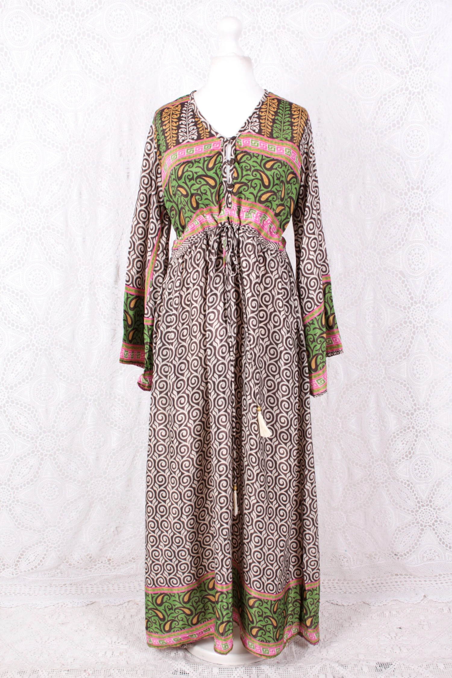 Lily Maxi Dress - Elm, Pink & Pear Vintage Sari - Size S/M 2 Lily Maxi Dress - Elm, Pink & Pear Vintage Sari - Size S/M - Image 2