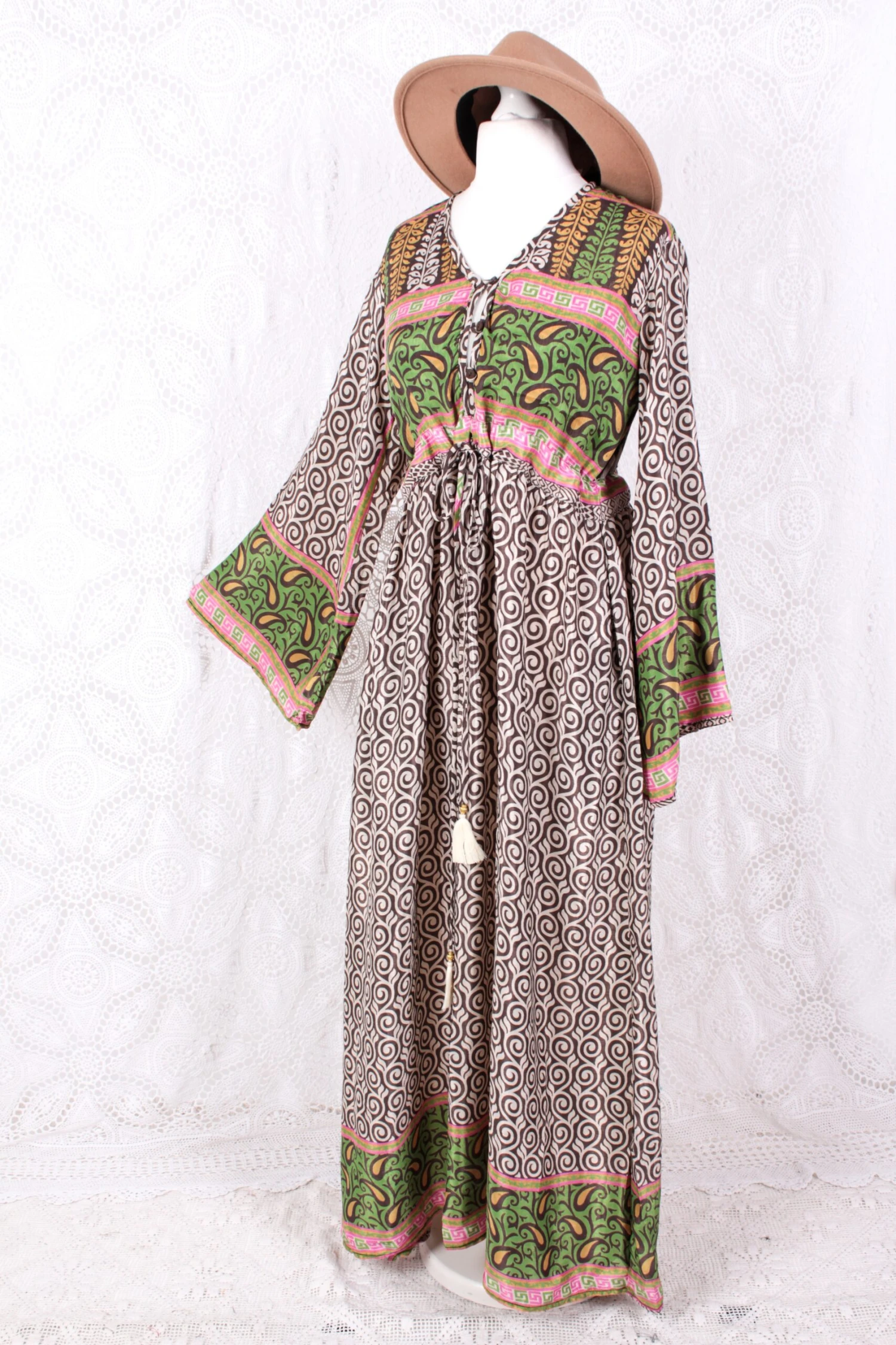 Lily Maxi Dress - Elm, Pink & Pear Vintage Sari - Size S/M 1 Lily Maxi Dress - Elm, Pink & Pear Vintage Sari - Size S/M