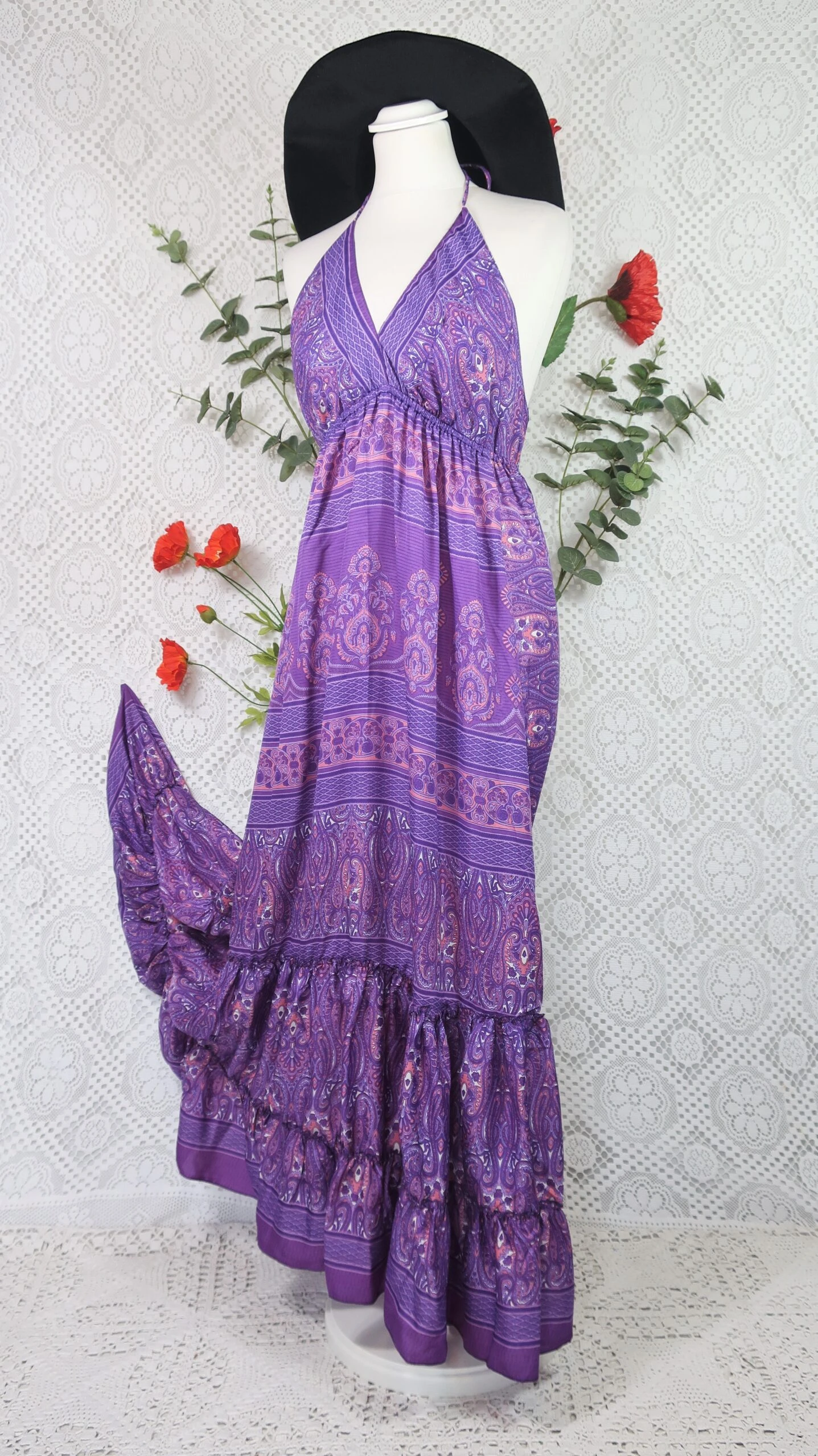 Cherry Halter-Neck Maxi Dress - Purple & Violet Paisley Floral Sari (XS - S/M) 1 Cherry Halter-Neck Maxi Dress - Purple & Violet Paisley Floral Sari (XS - S/M)