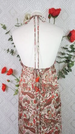 Cherry Halter-Neck Maxi Dress - Ivory & Scarlet Paisley Floral Sari (XS - S/M) -KIKIS Clothing Shop IMG 0635b