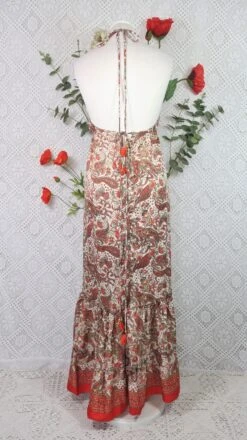 Cherry Halter-Neck Maxi Dress - Ivory & Scarlet Paisley Floral Sari (XS - S/M) -KIKIS Clothing Shop IMG 0636b