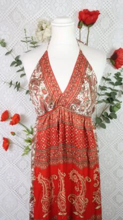Cherry Halter-Neck Maxi Dress - Ivory & Scarlet Paisley Floral Sari (XS - S/M) -KIKIS Clothing Shop IMG 0637 bd555f86 f727 4c10 87f3 fe0d82ee2127