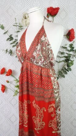 Cherry Halter-Neck Maxi Dress - Ivory & Scarlet Paisley Floral Sari (XS - S/M) -KIKIS Clothing Shop IMG 0640 d0d4beb9 94d2 4f86 87f1 ee4423c181d6