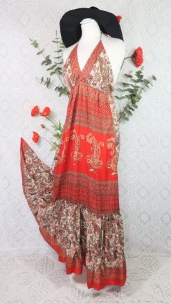 Cherry Halter-Neck Maxi Dress - Ivory & Scarlet Paisley Floral Sari (XS - S/M)