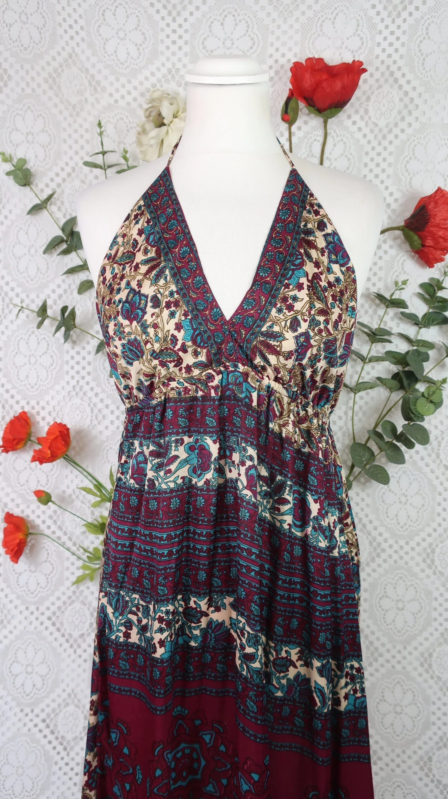 Cherry Halter-Neck Maxi Dress - Cream, Teal & Sangria Floral Sari (S/M - M/L) 2 Cherry Halter-Neck Maxi Dress - Cream, Teal & Sangria Floral Sari (S/M - M/L) - Image 2