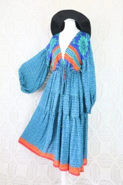 Gypsophila Midi Dress - Vintage Indian Sari - Prussian, Tango & Ruby Floral - Free Size M/L