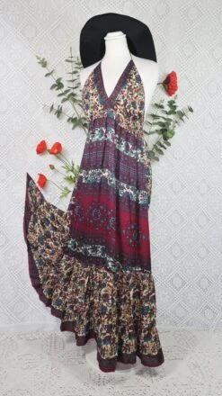 Cherry Halter-Neck Maxi Dress - Cream, Teal & Sangria Floral Sari (S/M - M/L)