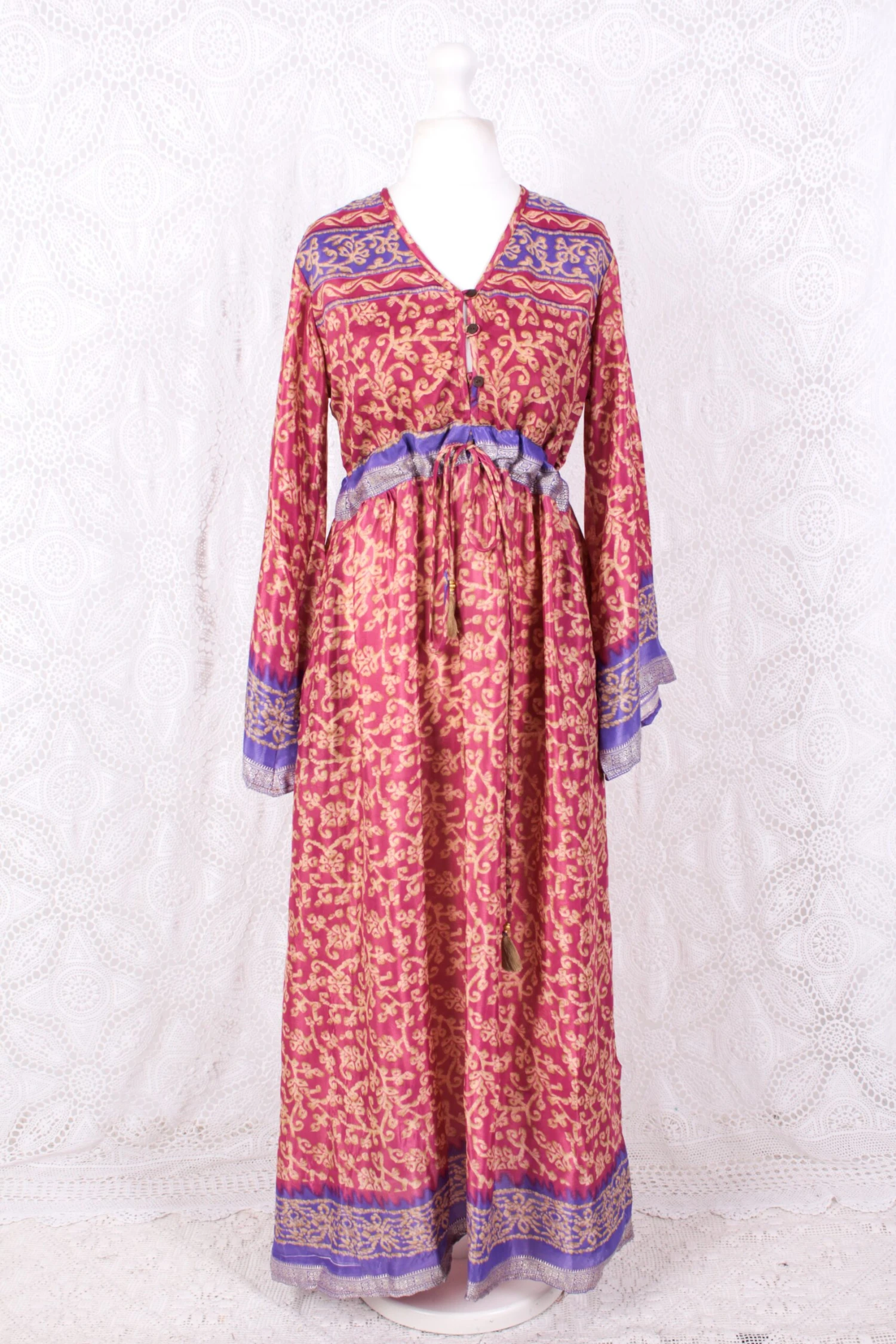 Lily Maxi Dress - Strawberry & Violet Vintage Sari - Size S/M 2 Lily Maxi Dress - Strawberry & Violet Vintage Sari - Size S/M - Image 2
