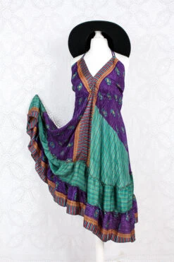 Blossom Mini Halter Dress - Vintage Indian Sari - Purple, Teal & Gold - S/M