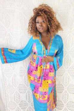 Gaia Kaftan Dress - Vintage Indian Sari - Tropical Sky Floral - Free Size