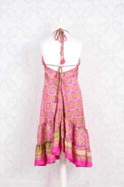 Blossom Mini Halter Dress - Vintage Indian Sari - Pink & Sand Chequer - S/M -KIKIS Clothing Shop IMG 0723 2f681104 a8e4 4301 a9a8 b8a7c09d38c3