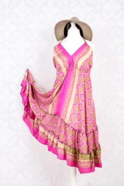 Blossom Mini Halter Dress - Vintage Indian Sari - Pink & Sand Chequer - S/M