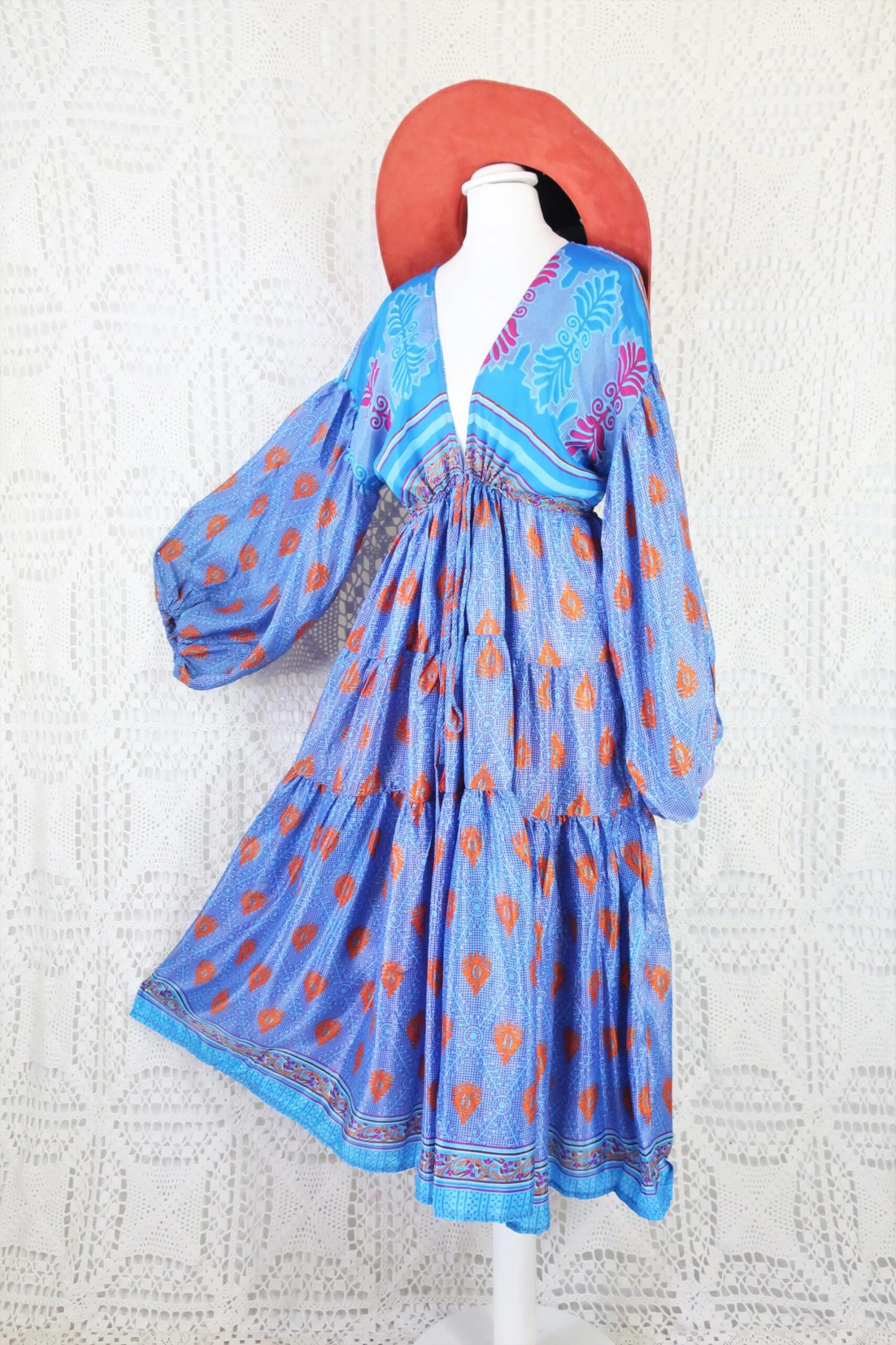 Gypsophila Midi Dress - Vintage Indian Sari - Ultramarine & Tangerine Floral Motif - Free Size L/XL 1 Gypsophila Midi Dress - Vintage Indian Sari - Ultramarine & Tangerine Floral Motif - Free Size L/XL