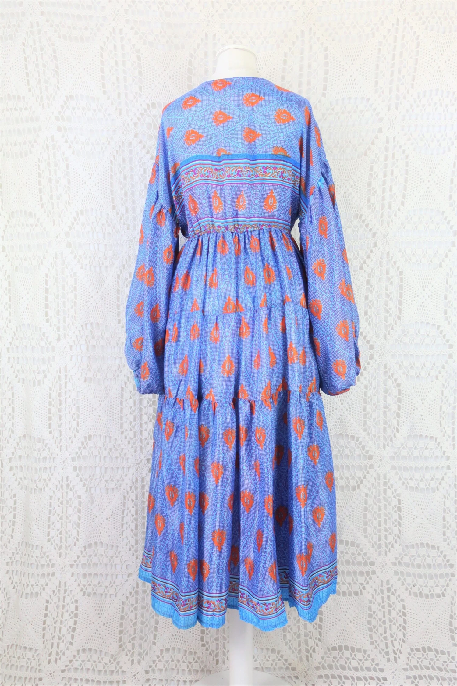 Gypsophila Midi Dress - Vintage Indian Sari - Ultramarine & Tangerine Floral Motif - Free Size L/XL 4 Gypsophila Midi Dress - Vintage Indian Sari - Ultramarine & Tangerine Floral Motif - Free Size L/XL - Image 4