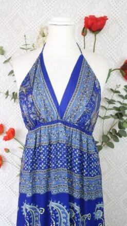 Cherry Halter-Neck Maxi Dress - Royal Blue & Lemon Floral Sari (XS - S/M) -KIKIS Clothing Shop IMG 0736 cd6f773d c089 466e bee4 63b2075106c1