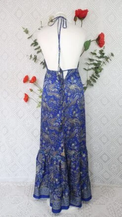 Cherry Halter-Neck Maxi Dress - Royal Blue & Lemon Floral Sari (XS - S/M) -KIKIS Clothing Shop IMG 0741 db9268fe 97d9 4d5a a536 195f12fa3453