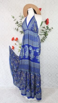 Cherry Halter-Neck Maxi Dress - Royal Blue & Lemon Floral Sari (XS - S/M)