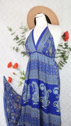 Cherry Halter-Neck Maxi Dress - Royal Blue & Lemon Floral Sari (S/M - M/L) -KIKIS Clothing Shop IMG 0743 2a03332c 6aa5 4242 811a c26d21c2ae4d