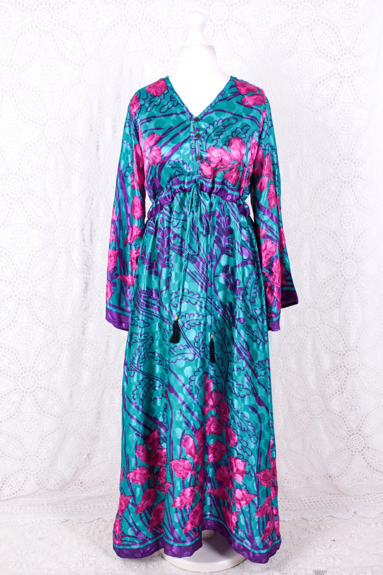 Lily Maxi Dress - Blue & Pink Shimmer Vintage Sari - Size S/M 2 Lily Maxi Dress - Blue & Pink Shimmer Vintage Sari - Size S/M - Image 2