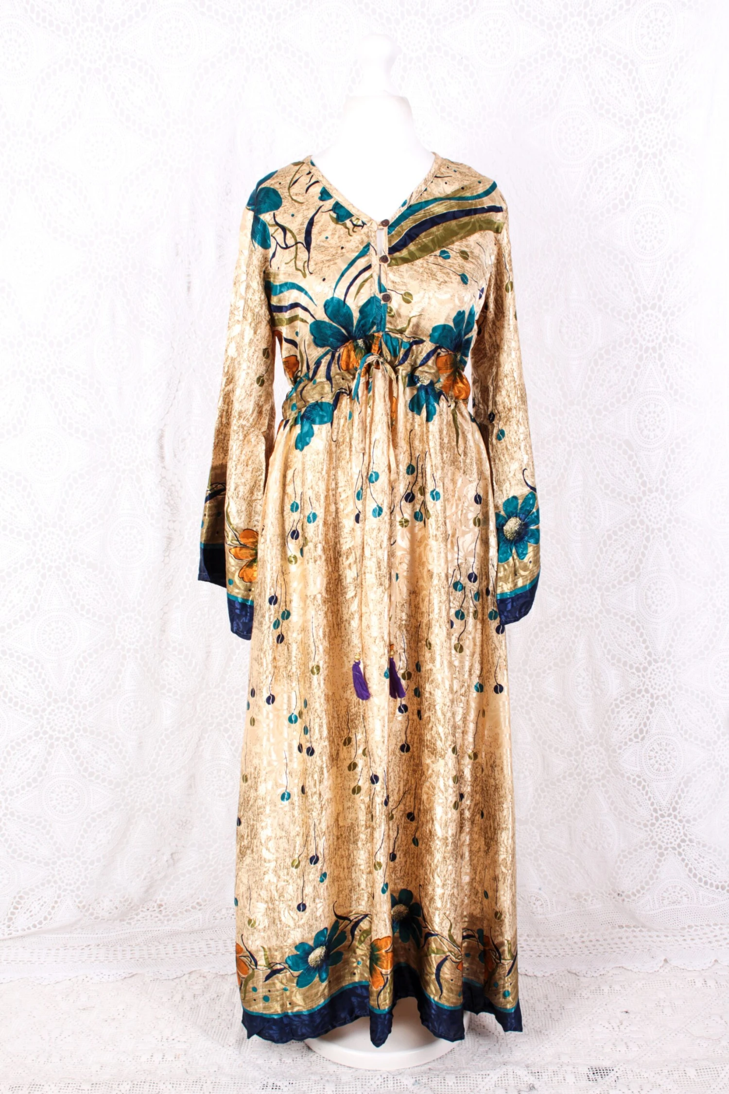 Lily Maxi Dress - Vintage Sari - Gold & Blue Shimmer - Size S/M 2 Lily Maxi Dress - Vintage Sari - Gold & Blue Shimmer - Size S/M - Image 2