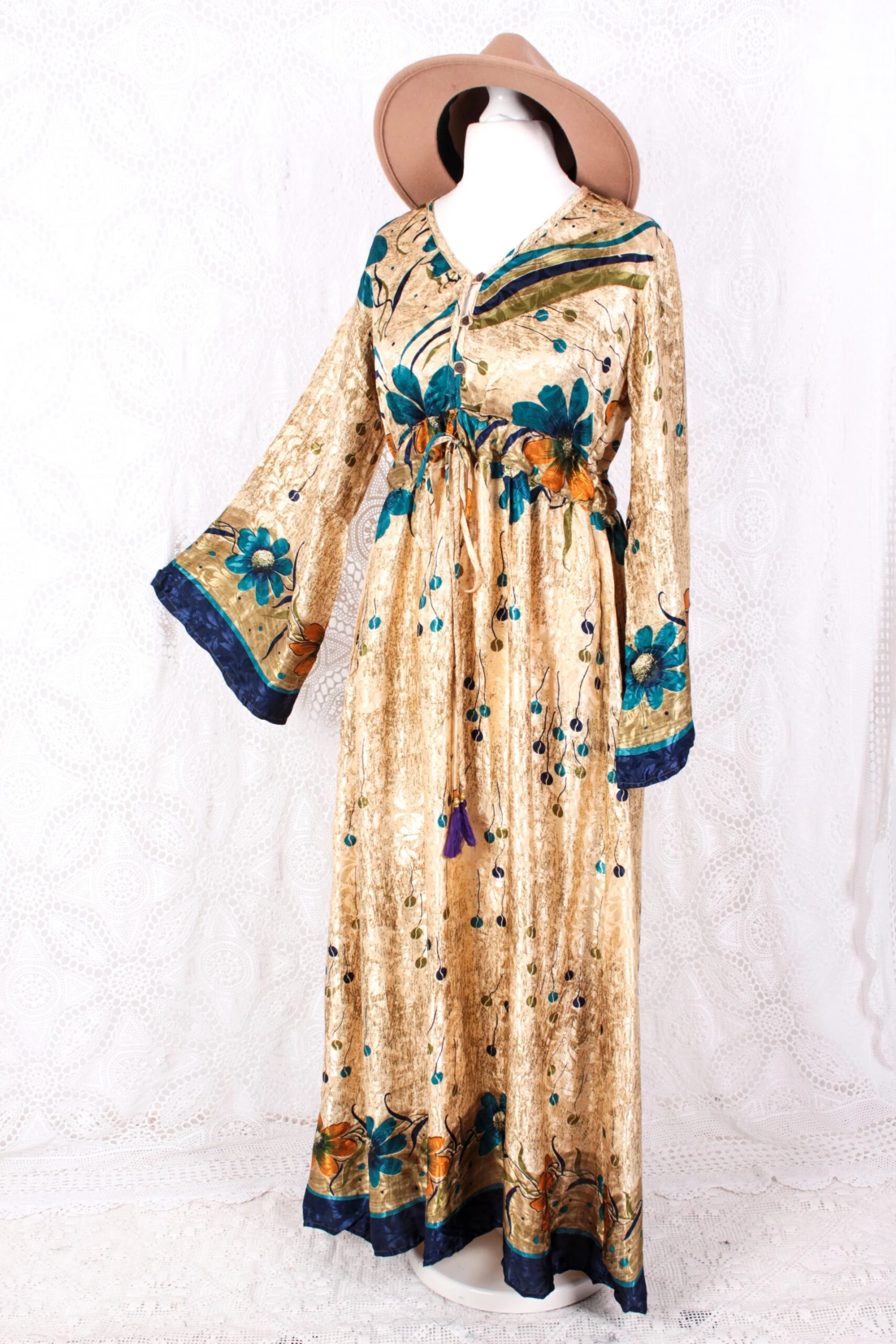 Lily Maxi Dress - Vintage Sari - Gold & Blue Shimmer - Size S/M 1 Lily Maxi Dress - Vintage Sari - Gold & Blue Shimmer - Size S/M