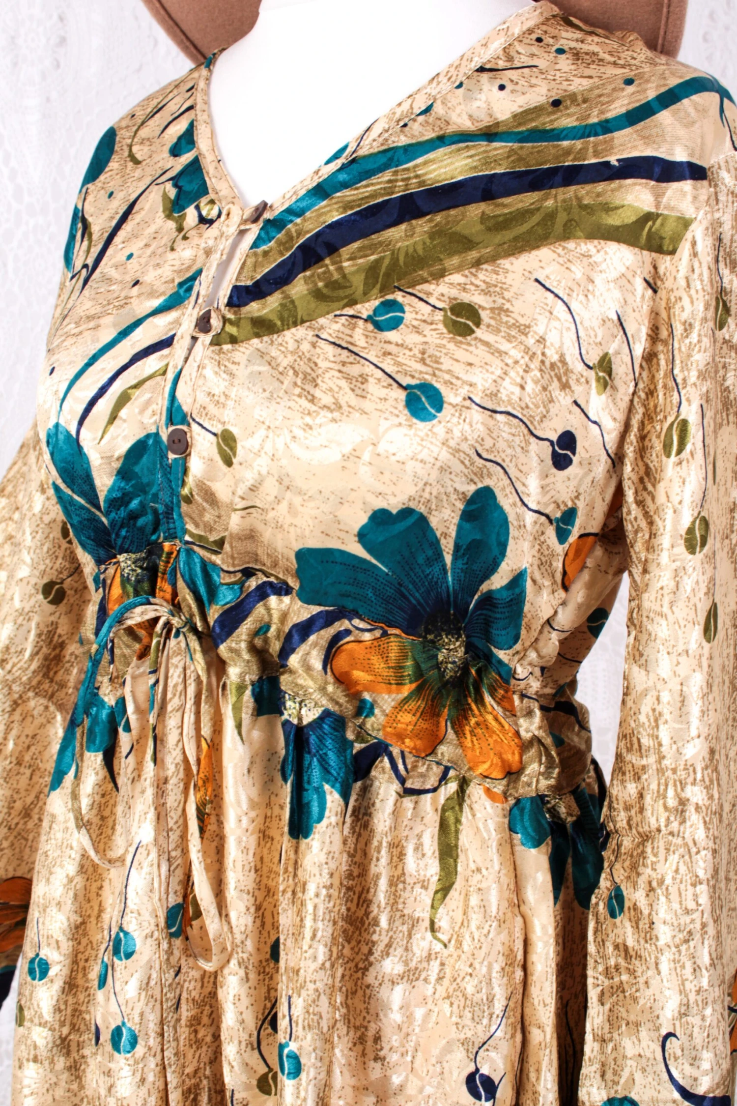 Lily Maxi Dress - Vintage Sari - Gold & Blue Shimmer - Size S/M 3 Lily Maxi Dress - Vintage Sari - Gold & Blue Shimmer - Size S/M - Image 3