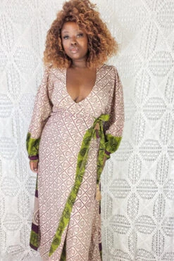 Lola Long Wrap Dress - Vintage Indian Sari - Cream & Aubergine Tile Motif - S/M