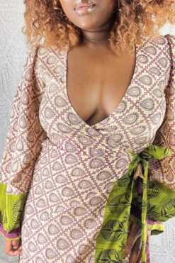Lola Long Wrap Dress - Vintage Indian Sari - Cream & Aubergine Tile Motif - S/M -KIKIS Clothing Shop IMG 0797b 90f20403 6ee6 4d9e bf1e 9cdbbd0b4882