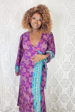 Lola Long Wrap Dress - Vintage Indian Sari - Amethyst & Jade - S/M